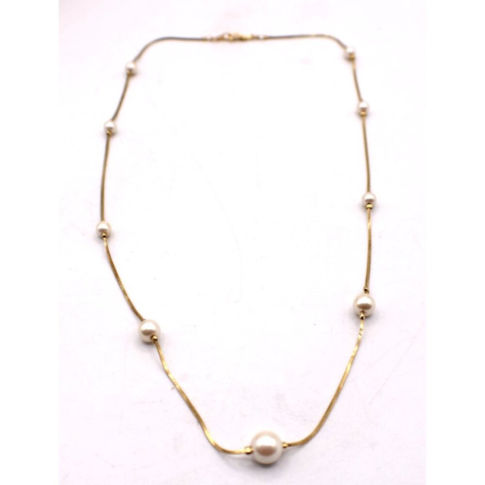 Dainty Gold-Tone Faux Pearl Station Necklace Vintage Delicate 24" Snake Chain - Picture 3 of 10
